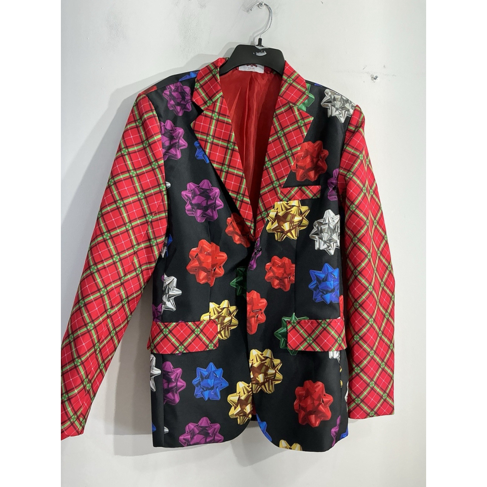 Men’s Holiday Time Blazer Small 34/36 Red Multi Color Bow Holiday Theme Lined